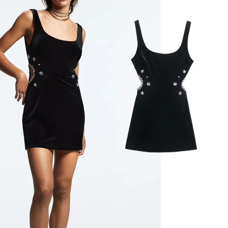 

British Style Women's Dress Za 2021 Fashion artificial gemstone Inlay Velvet vintage sleeveless Party Dress Female Dress Mujer