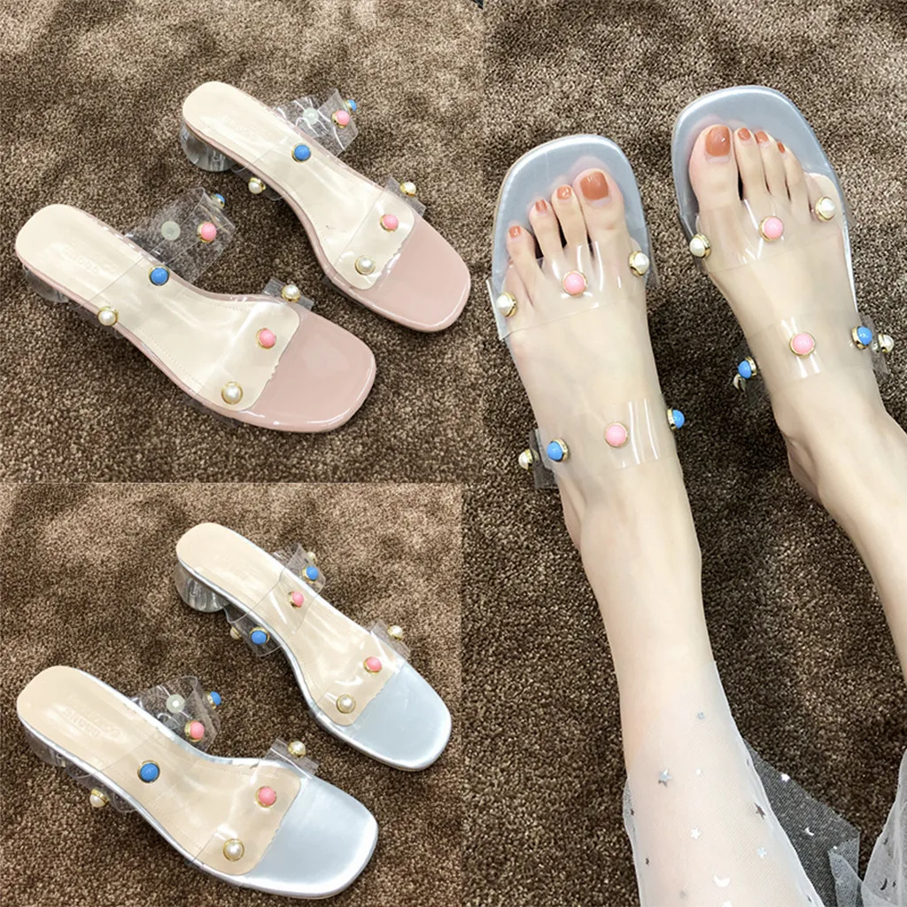

Sandals Woman Shoes Solid Transparent Pearl Slip-On Soft Bottom Outside Noble Wild Mid Heel Sandals Women Summer Shoes
