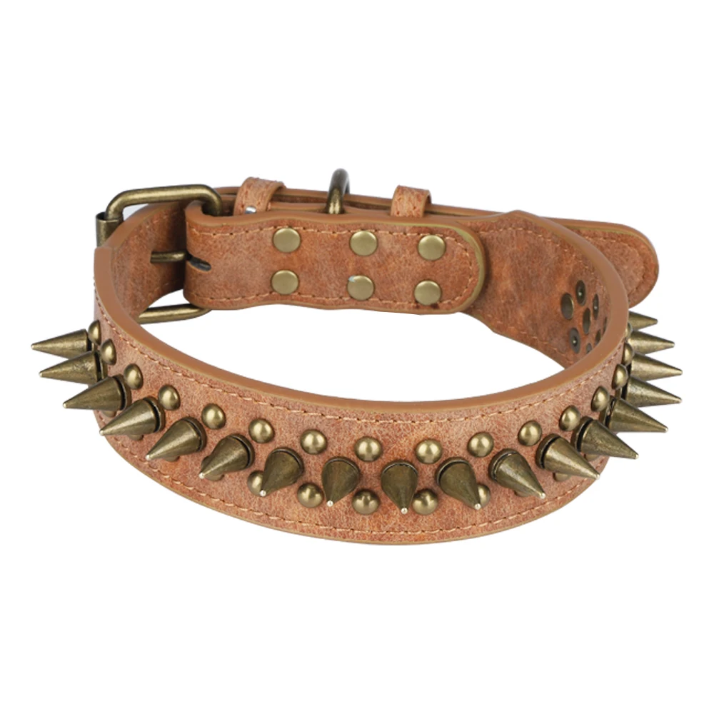 Широкий кожаный ошейник для собак с заклепками и шипами прочный регулируемый