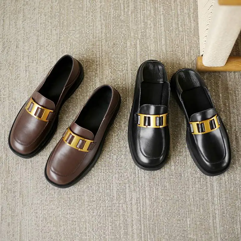 

Krazing Pot fashion cow leather spring shoes concise round toe platform loafers casual metal med heel slip on women pumps L15