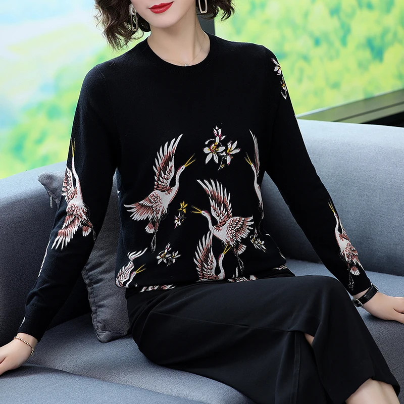 YISU модный свитер с принтом птицы для женщин с круглым вырезом и длинным рукавом женский джемпер вязаный свитер Повседневный пуловер осенний пуловер - Color: Black