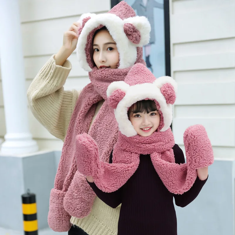 Skin pink 2PCS Модная шапка для животного с капюшоном из искусственного меха, с бантом, с ушками, с карманами для рук, для женщин, 3 в 1, теплая плюшевая шапка с шарфом, перчатки для мамы и ребенка - Цвет: Skin pink 2PCS