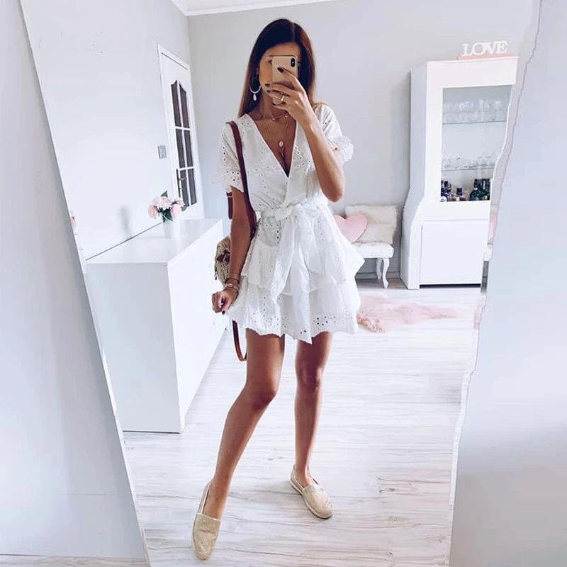 Белые хлопковые платья с вышивкой лето 2019 женское повседневное пляжное платье