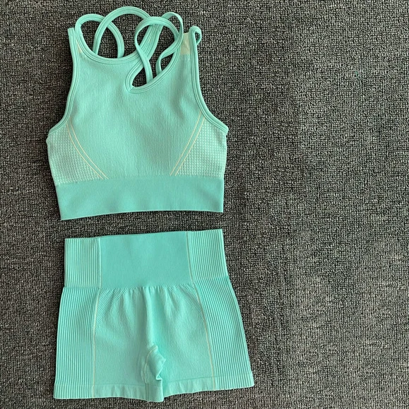 Летний бесшовный комплект для йоги Женский из 2 предметов Синий Оранжевый