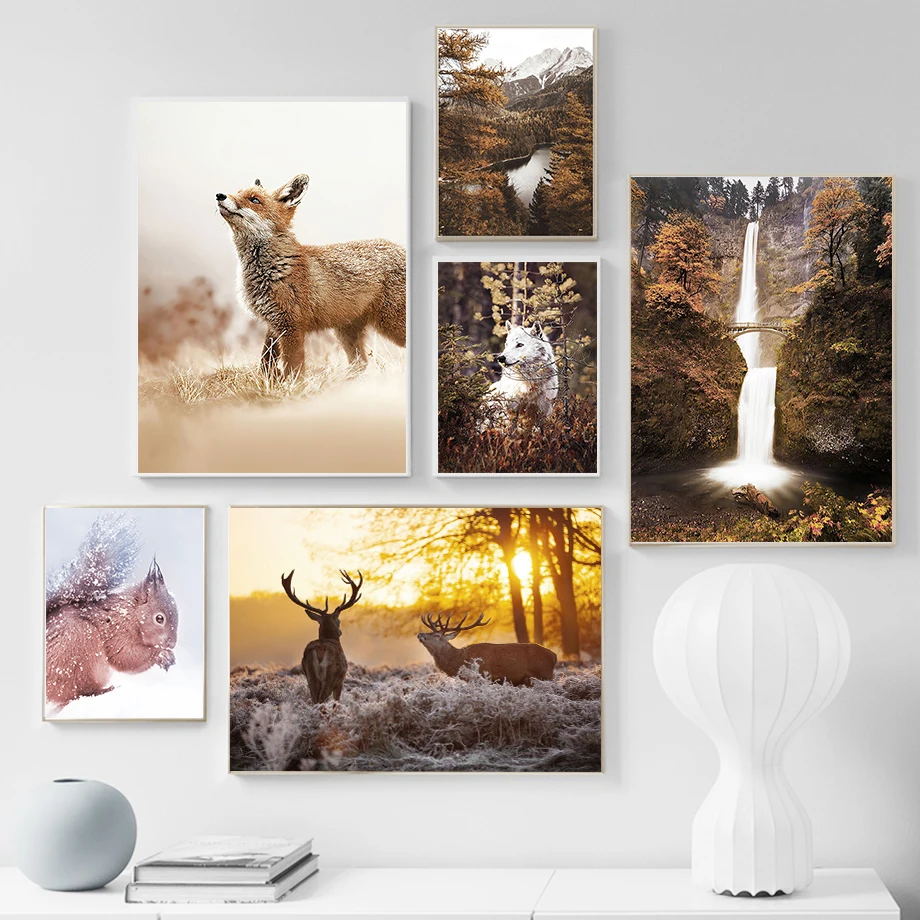 

Wall Art Canvas Painting Fall Hill Pine Forest Fox Deer Wolf Nordic Posters And Prints Wall Pictures For Living Room Decoration