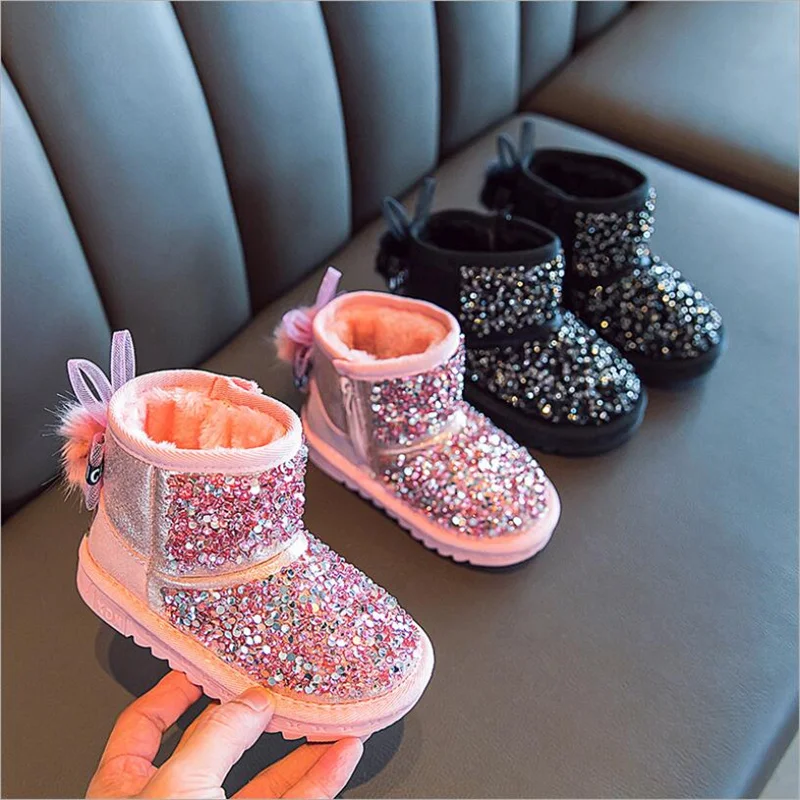 

Kids Snow Rhinestone boots Anti-fur Leather 2020 Boots for Girls Sequin Winter Warm Children's Shoes Plush Fur Botas Kids 22-37