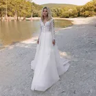 Кружевной топ-трапеция с круглым вырезом, длинными рукавами и аппликациями, свадебное платье с пуговицами на спине, 2020