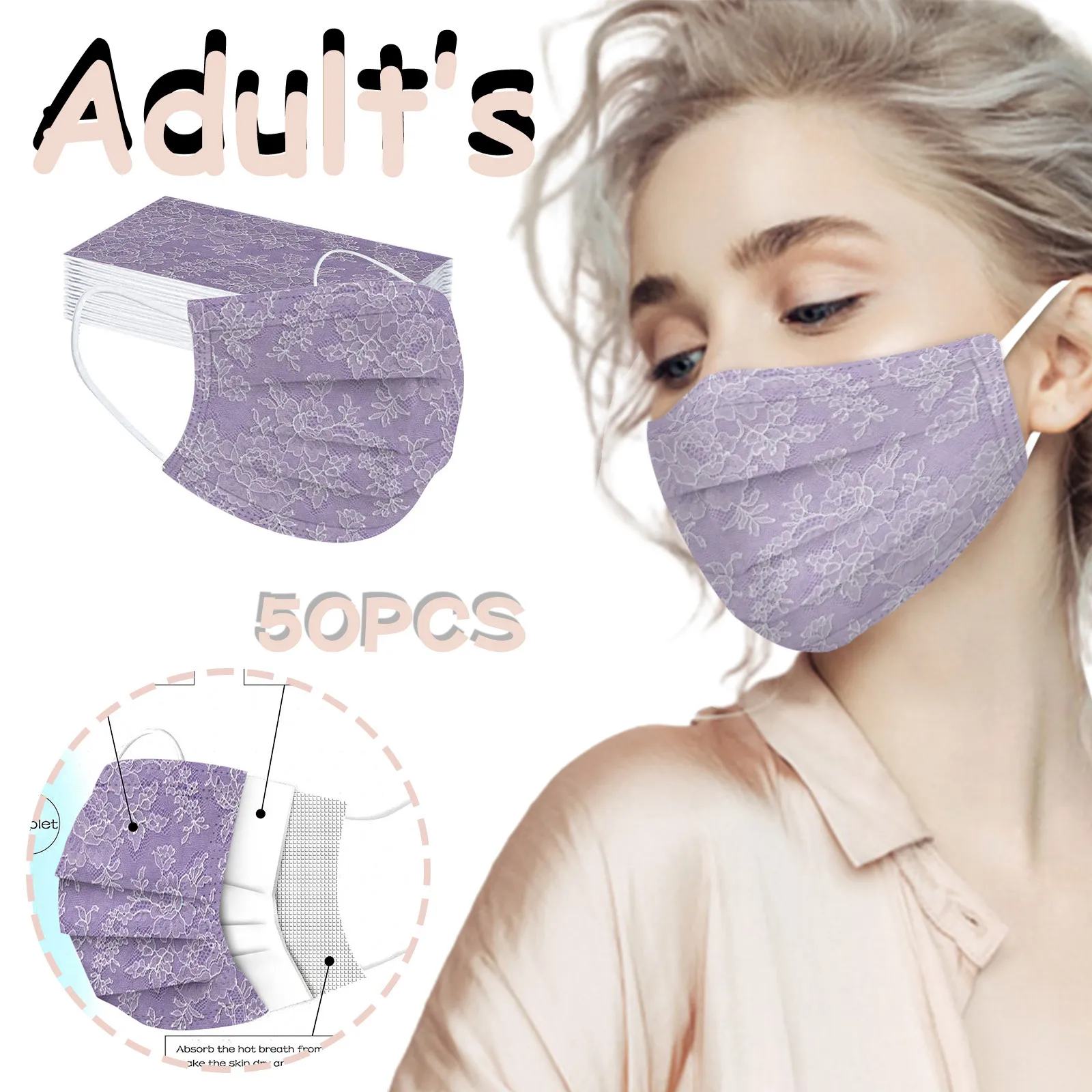 

50 шт. маска для взрослых унисекс, Женская кружевная маска с принтом, одноразовая маска для лица, 3-слойная маска для рта с петлями для ушей, то...