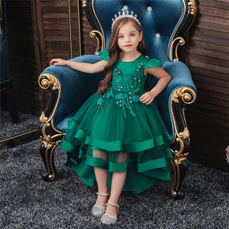 

CANIS children's dresses kids baby girls solid elegance princess style lace ruffles Irregular dress wedding dresses beautiful
