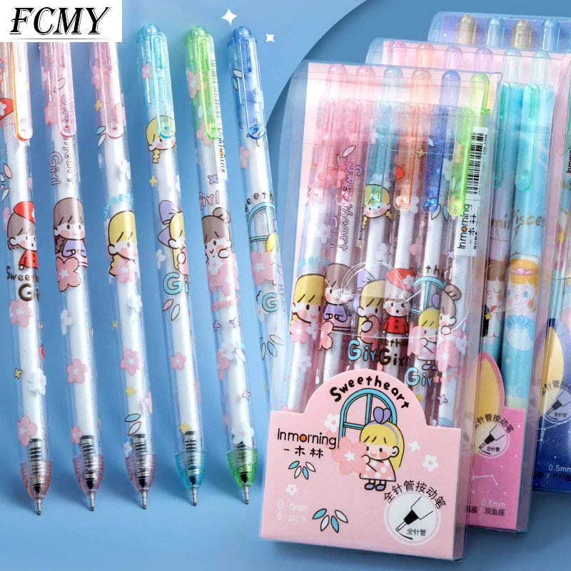 

New 6pcs/lot Cartoon Cute Press Gel Pen 0.5mm Black Ink Pens for Office School Writing Journal Supplies Stationery Gifts School