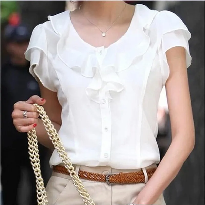 

Women Chiffon Summer Tops Ruffled Short Sleeve White Chiffon Plus size T-shirts Casual Office Work Shirt Solid Tops