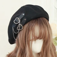 gothic lolita black punk beret harajuku women girls summer breathable heart buckle beanie jk hat accessories
