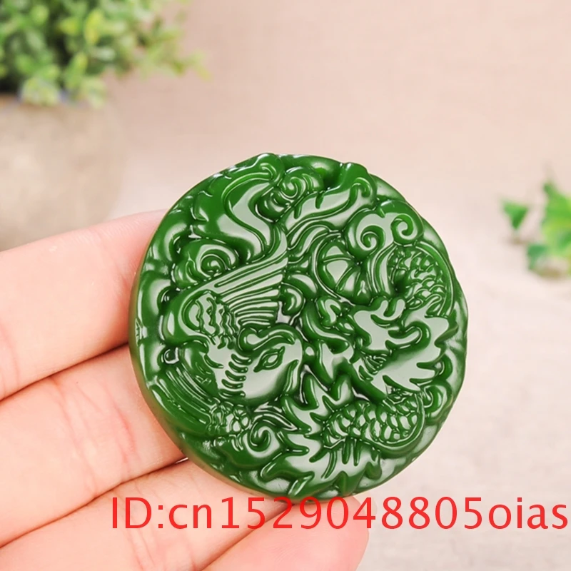Натуральный зеленый китайский Нефритовый Дракон Феникс Подвеска Ожерелье