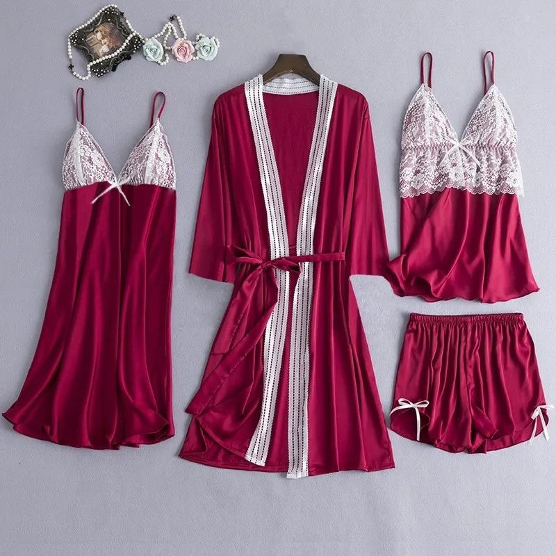 

4PC Sleepwear Women Satin Lace Sexy Nightwear Camisole Bowknot Shorts Nightdress Robe Pajamas Lingerie Night Set Dress