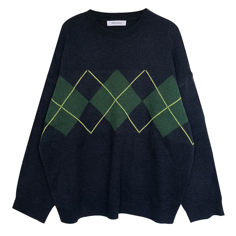 

Casual Loose Women Knitted Sweaters College Style Autumn Winter Oversize Pullover Diamond Pattern Loose Sweater Sueter Mujer