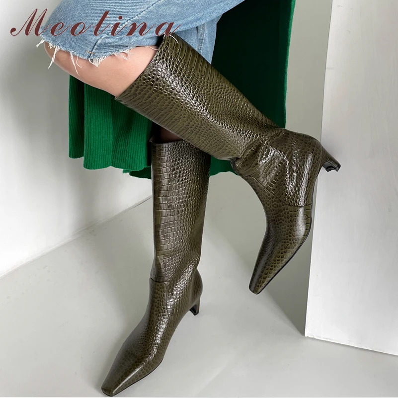 

Meotina Women Shoes Boots Knee High Fashion Med Heel Square Toe Boots Thick Heel Ladies Long Boots 2021 Autumn Green Black 34-40