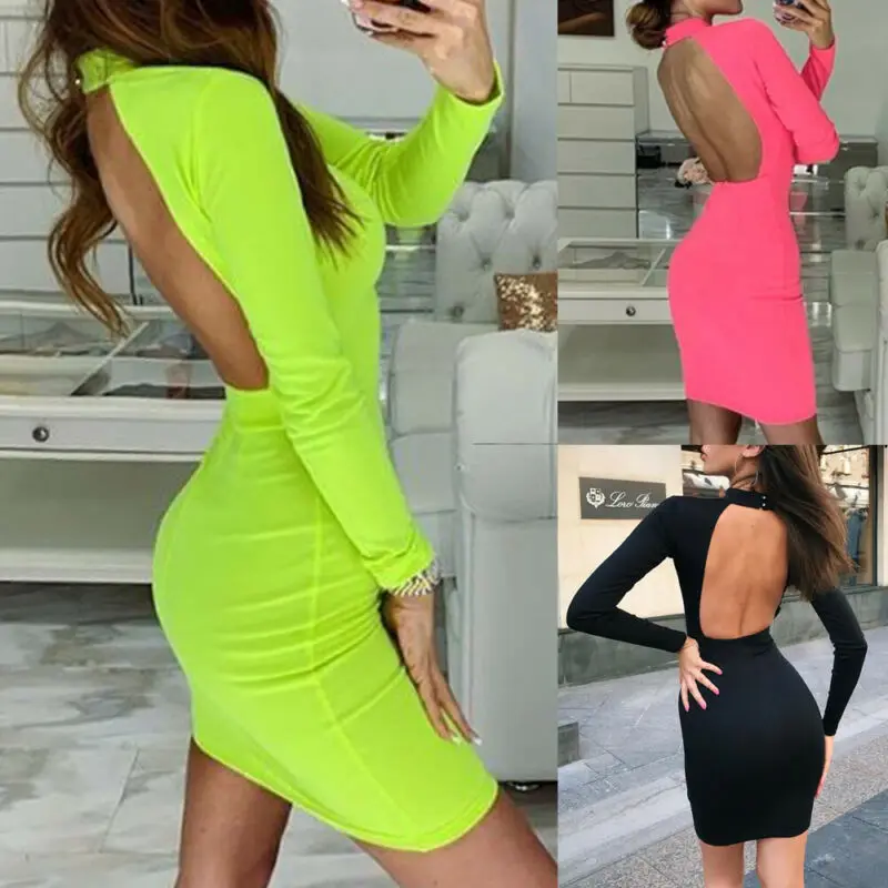 Женское облегающее мини-платье однотонное платье с длинными рукавами вечерние