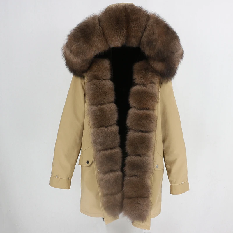Женское пальто с натуральным мехом OFTBUY, чёрная куртка с воротником из натурального лисьего меха, водонепроницаемая длинная парка, теплая уличная верхняя одежда со съемным мехом для зимы - Цвет: brown brown