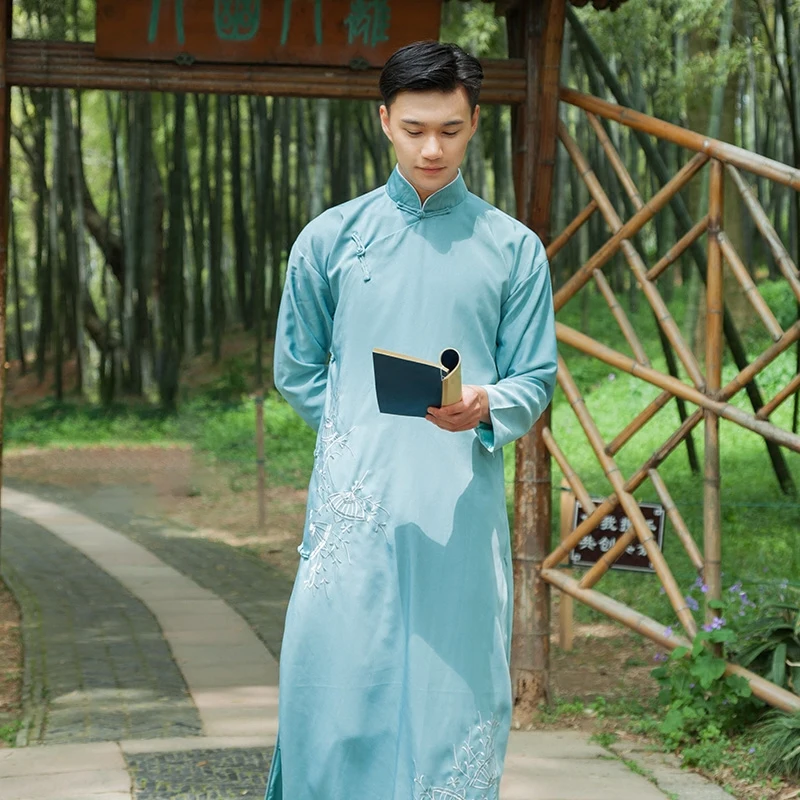 

TV China costume man blue College Students Male youth Chinese performance Embroidered costumes man clothes crosstalk green robe