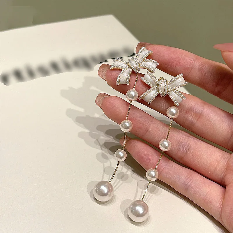 

2021 New Fashion Korean Long Dangle Earrings For Women Tassels Bow Pearl Tassel Drop Earring Vintage Sliver Color Jewelry