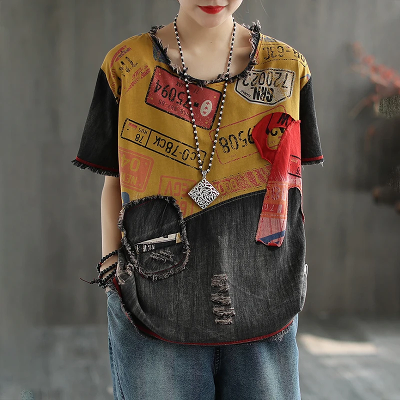 

Women Colorful Denim Patch Ripped T-shirt Casual Streetwear Retro Loose Round Neck Short Sleeves Cool t-shirt