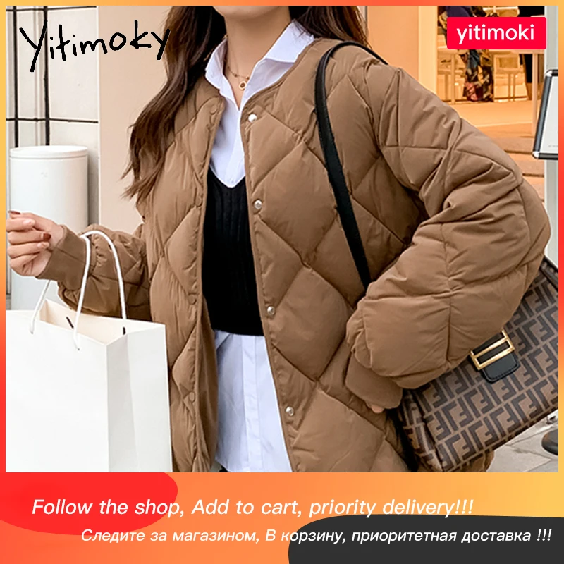 

Yitimoky Woman Jacket Argyle Cotton Coat Winter Fashion White Khaki Single Breasted Warm Solid Short Outwear Korean Female New