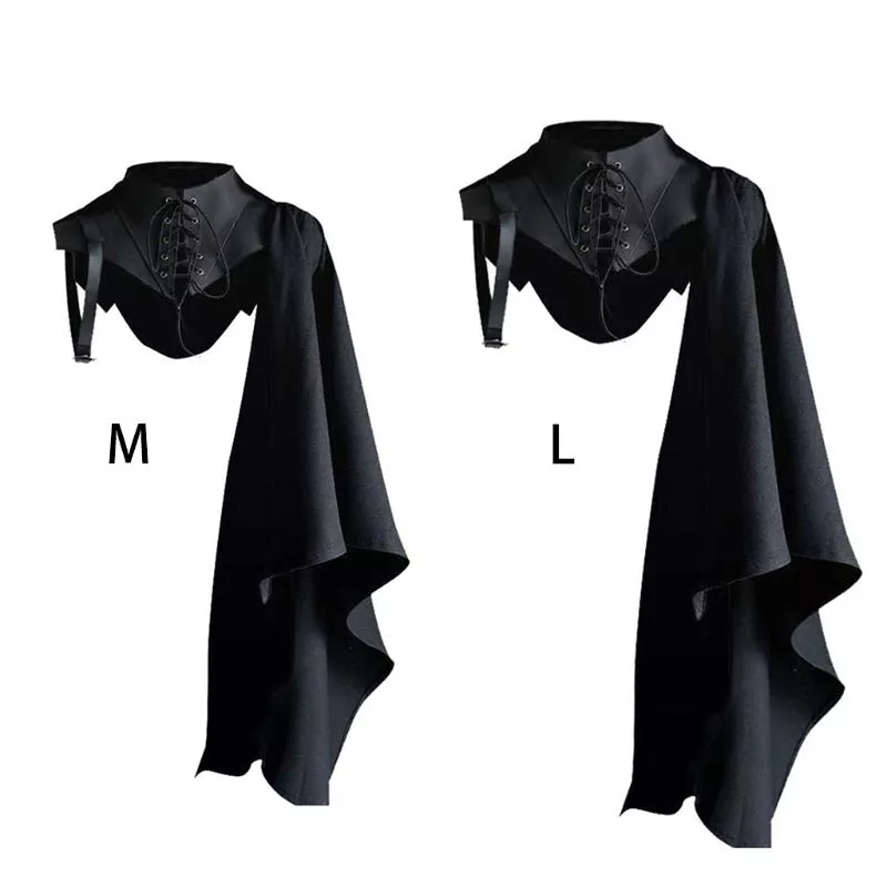 Ortaçağ zırh siyah pelerin tek omuz Retro pelerin gotik Punk Lace Up rönesans kostüm haçlı dişli yetişkin için