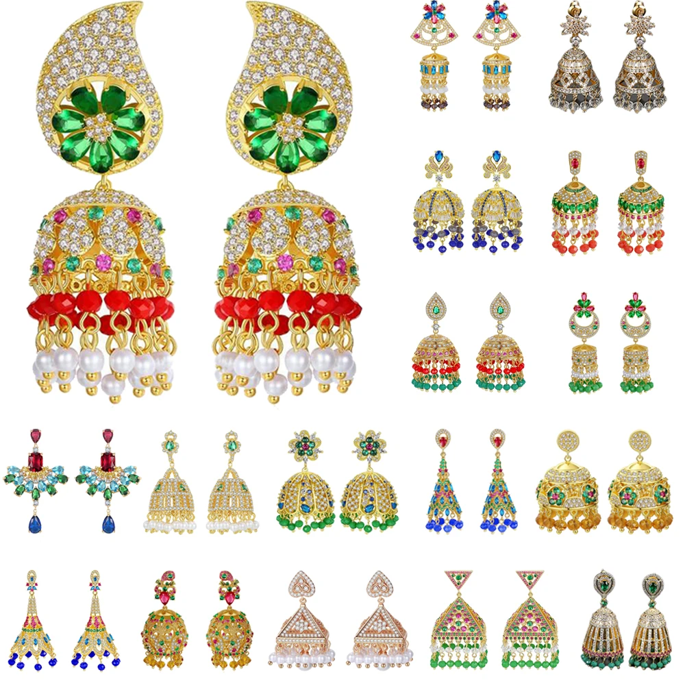 

Luxury Rhinestone Indian Jhumka Gold Color Beads Long Drop Dangle Earrings Bollywood Gypsy Ethnic Jhumki Retro Bridal Jewelry