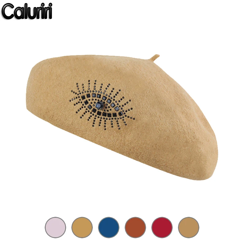 

Шерстяной берет Caluriri, Женский фетровый берет в британском стиле, берет с бриллиантовым глазом для девочек, Женская однотонная зимняя шапка