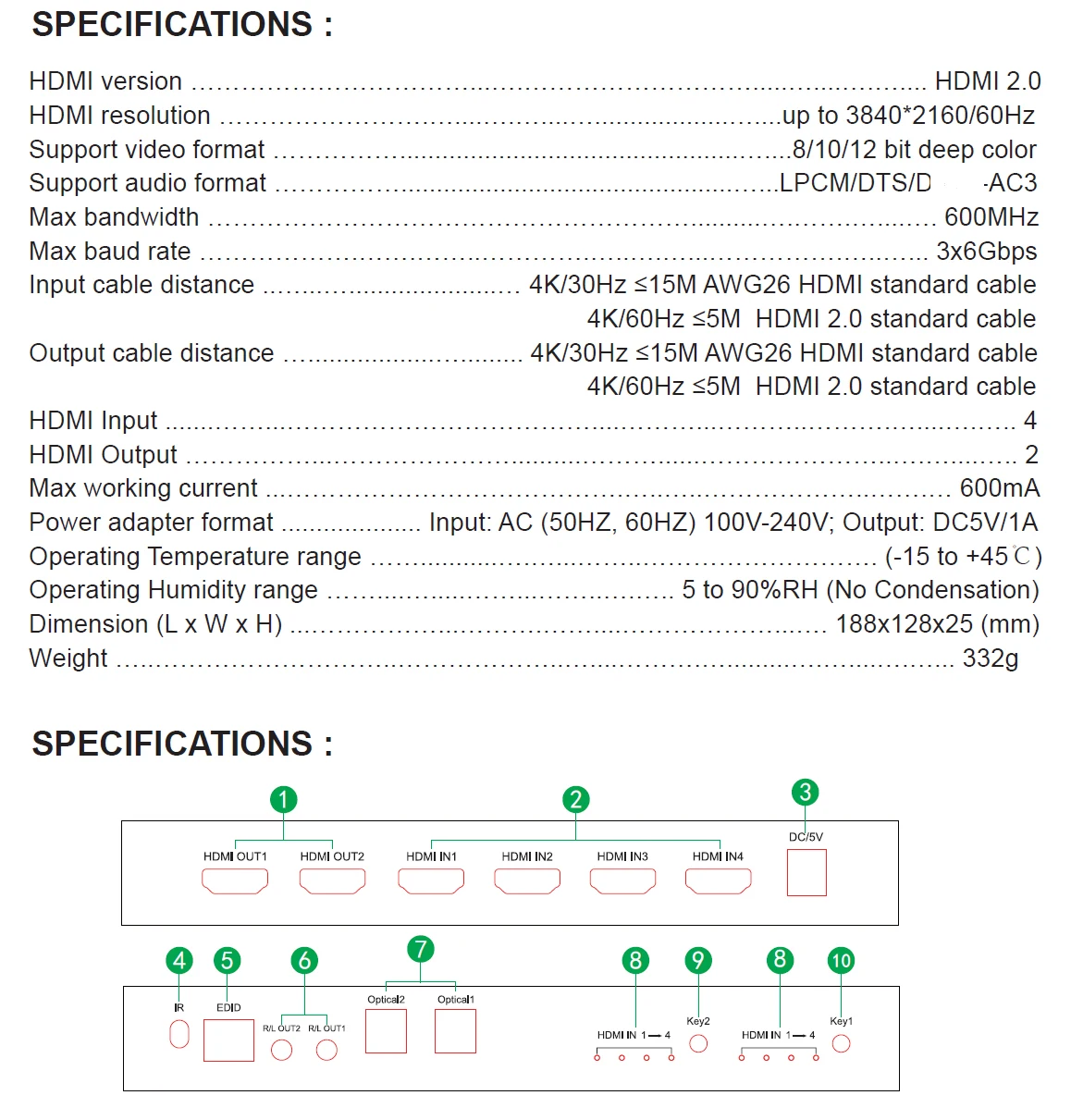 HDMI 2,0 Matrix 4x2 Scaler 4K 60Hz HDMI переключатель сплиттер матрица Поддержка аудио независимо от оптического или стерео LPCM/DTS