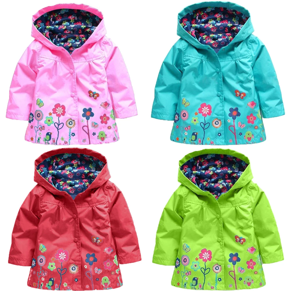 Autumn Spring Toddler Hooded Flower Pattern Waterproof Raincoat Children Casual Outwear Kids Clothing