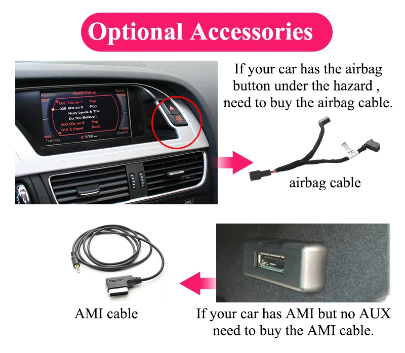 Audi Airbag Cale, AMI AUX Cable, Car Reversing Rear View Backup Camera For Audi A4 A5 S5 Q3 Q5
