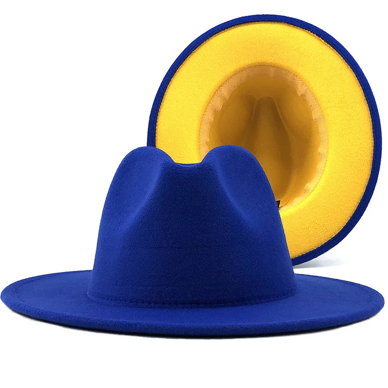 

Unisex Outer blue Inner yellow Wool Felt Jazz Fedora Hats with Thin Belt Buckle Men Women Wide Brim Panama Trilby Cap L XL