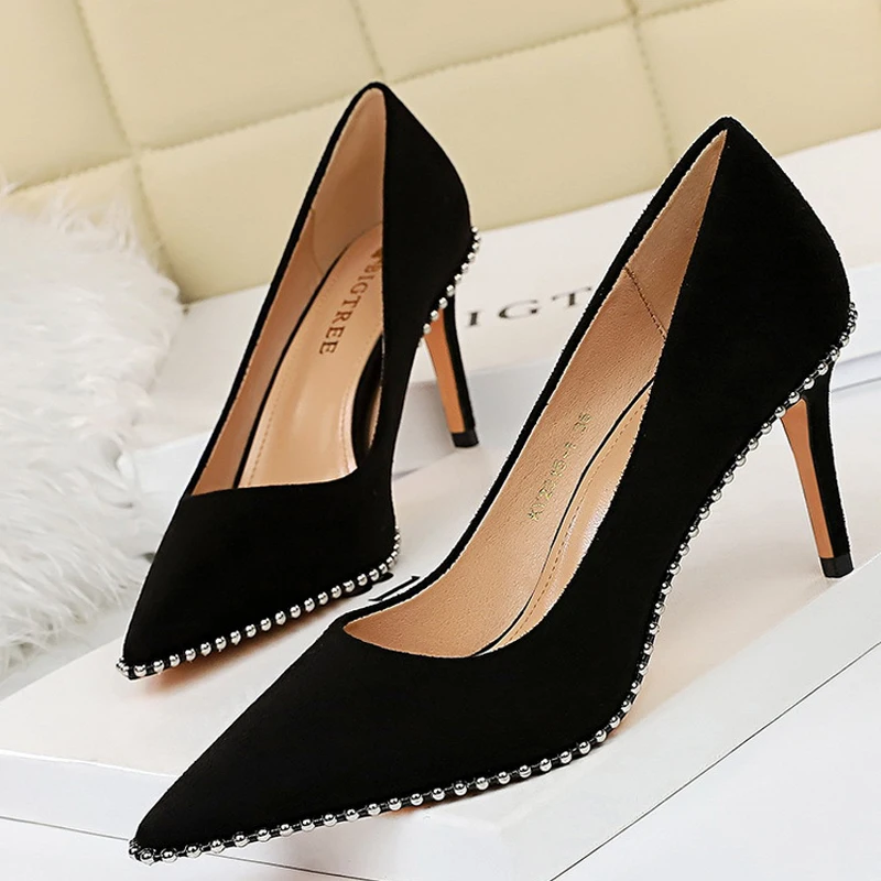 

Shoes Black Heels Metal Beads Woman Pumps Suede High Heels Stiletto Wedding Shoes Women Heels Female Plus Size 41 42 43