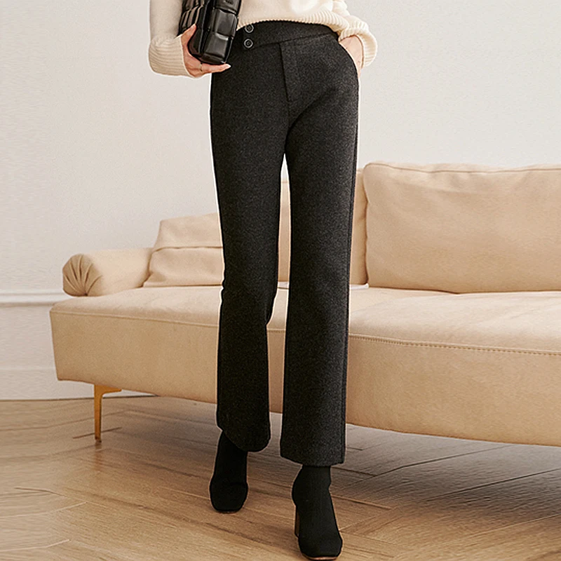 Flare Pants Women Trouser Classic Design 30% Wool Blended Solid 2 Colours Pocket Trousers New Fashion