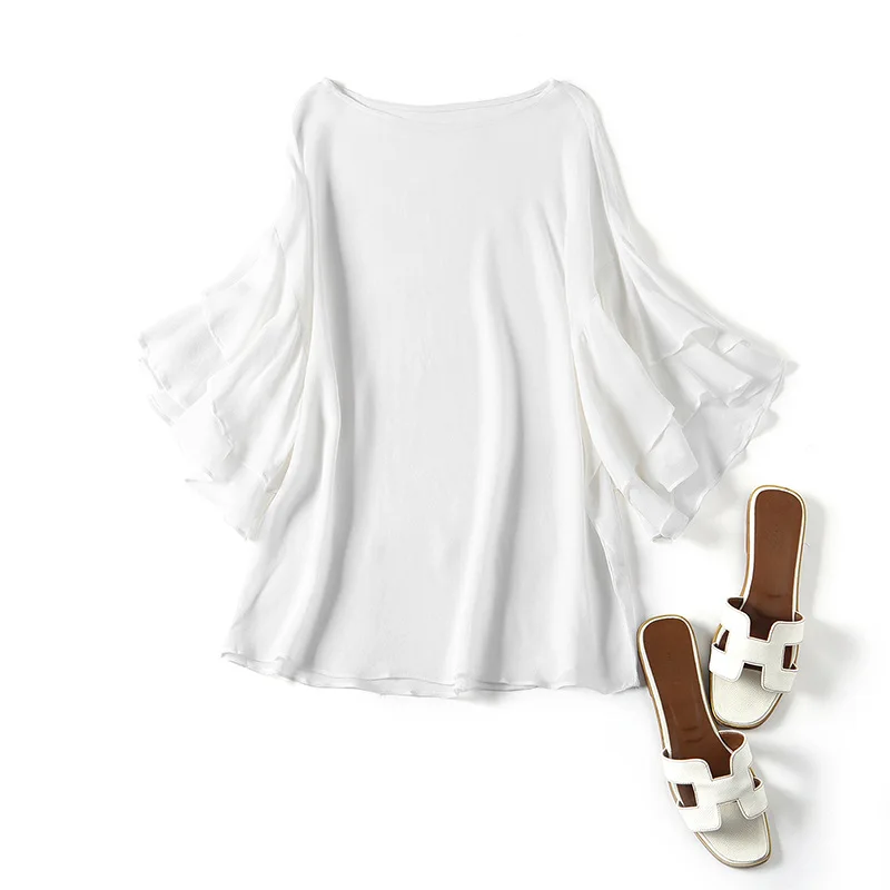 

Summer Blouse Tops Women 2020 New Round Neck Butterfly Sleeves Solid Colour Loose Large Size Fashion Women's Clothes Gray White