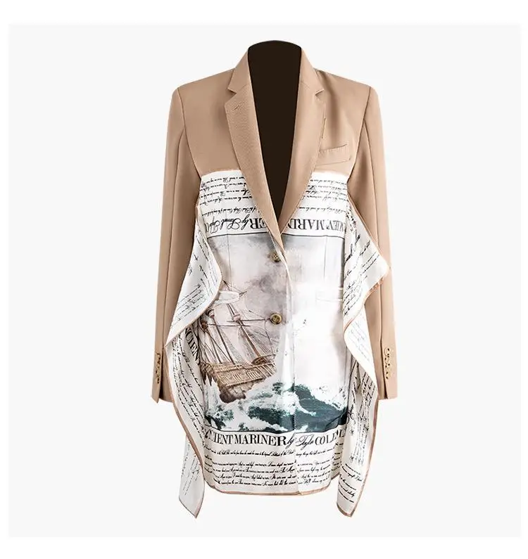 khaki GetSpring Women Blazer Single Breasted Long Sleeve Ladies Blazer Coat Print Patchwork Women's Suit Jacket Loose Long Woman Coat - Цвет: khaki