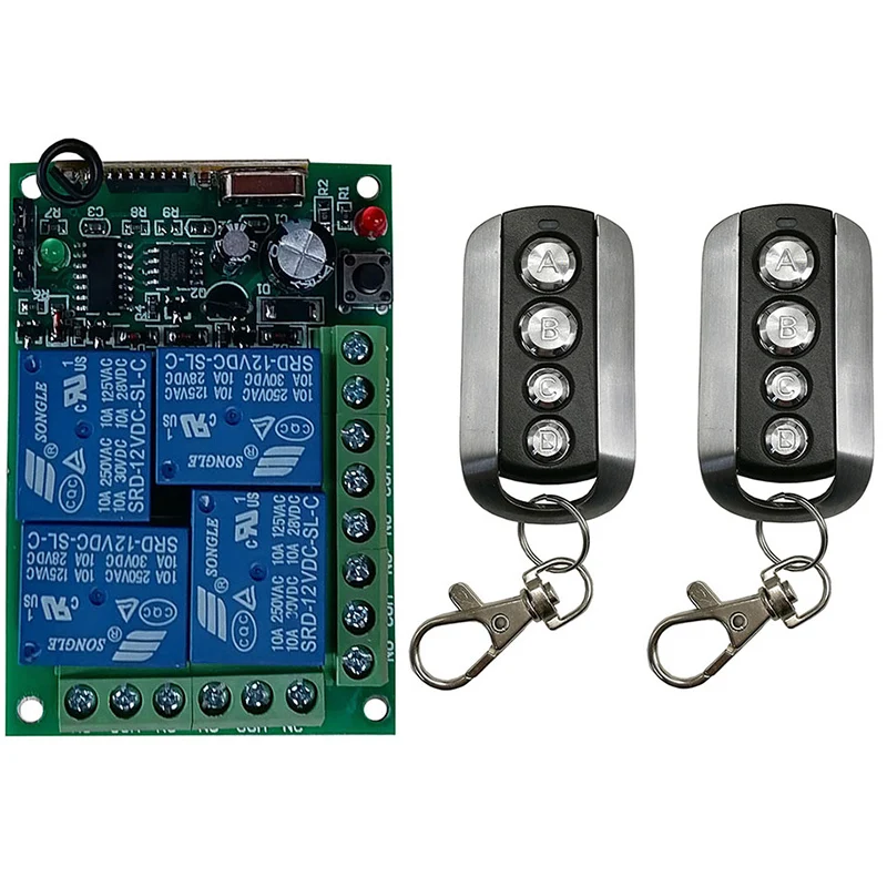

433Mhz Remote Control Switch for Light,Door, Garage Universal Remote DC12V 24V 4CH Relay Radio Receiver and Remote Controller