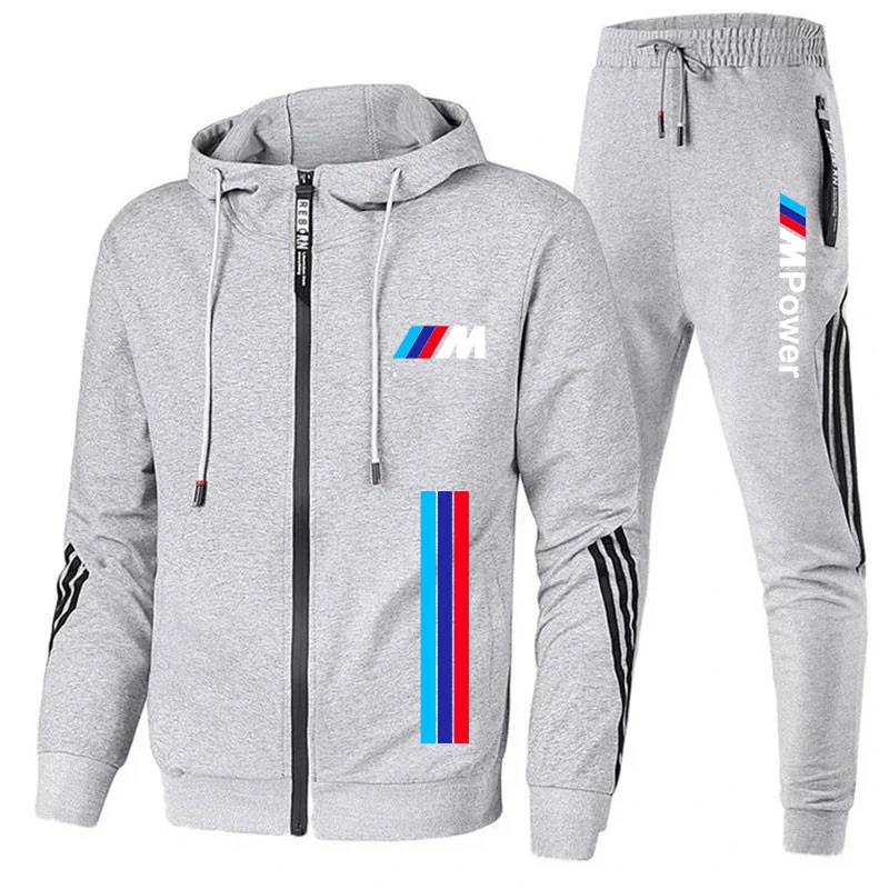 

2021 new hot luxury car logo M men's football suit zipper hoodie + pants 2 casual sports suit men's sportswear sportswear