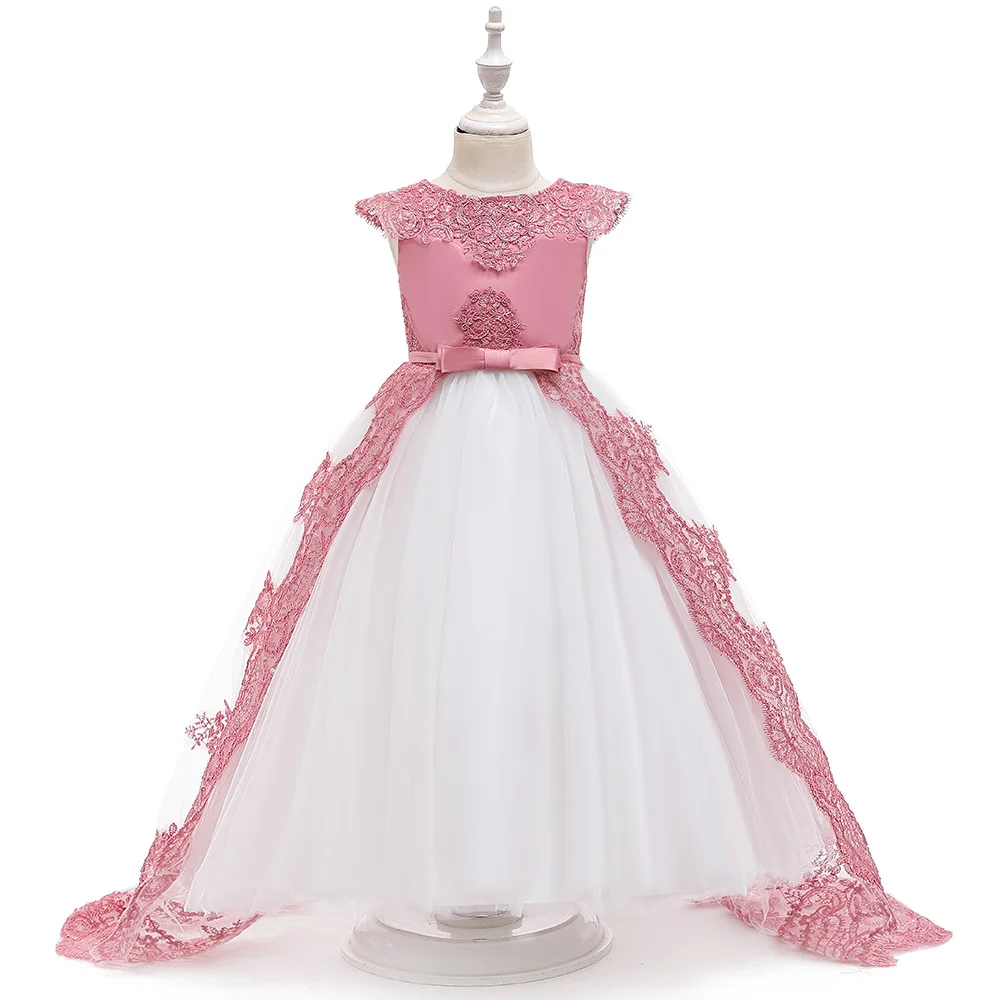 

New Birthday Embroidery lace Flower Girl Dresses for Weddings and Party Evening Dess with Long Tail Dresses for 5-14Y