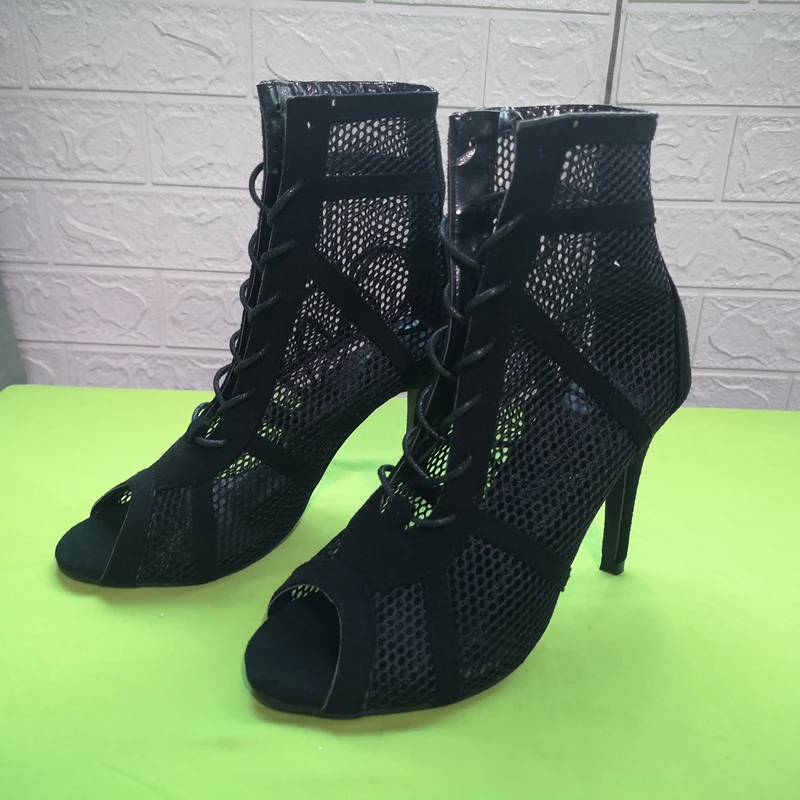 Women's High Top Dance Shoes Black Ballroom Boots Salsa Tango Shoes Girl Fashion Party Mesh Cutout High Heel Sandals Summer 2022