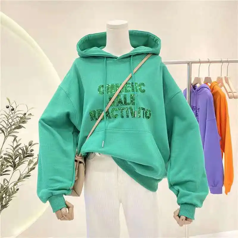 

Модные блестящие зеленые толстовки с надписью и графическим рисунком, Женская Осенняя Толстовка с длинным рукавом и карманами в стиле ретр...