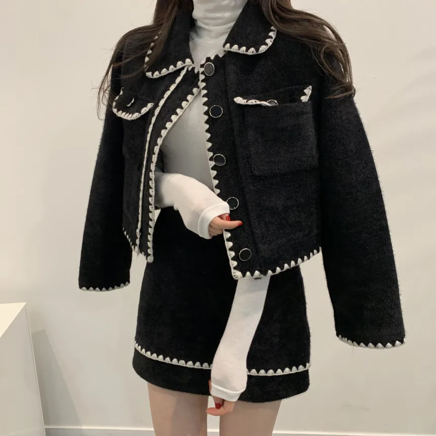 

Korean Vintage Two Piece Skirt Suits Sets Women Single-breasted Coat + A-line Mini Skirt Outfits Elegant Ladies Matching Set