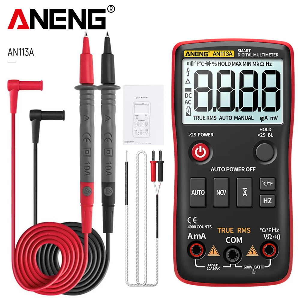 ANENG AN113A Digital Multimeter True RMS4000 Counts Auto-Ranging AC/DC Transistor Voltage Meter Tester With Temperature CA
