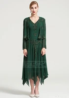 green long sleeves appliqued short 2 piece mother of bride dresses 2019 farsali lace beaded evening dress prom gown plus size