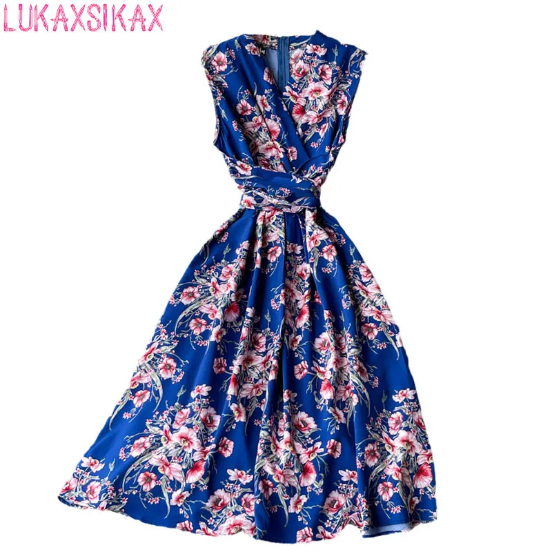 

LUKAXSIKAX, новинка, летнее женское облегающее платье без рукавов с V-образным вырезом и поясом, милое цветочное оформление