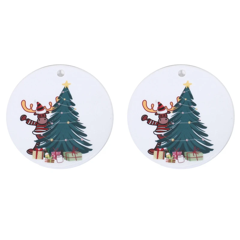 

2Pcs Christmas Gift Pendant Santa Claus Holiday Ceramic Ornaments Printed Pattern Ornaments Deer