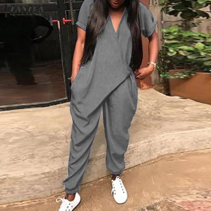 Plus Size Overalls Women's Jumpsuits 2021 ZANZEA Fashion Casual Harem Pants V Neck Button Playsuits Female Short Sleeve Romepers