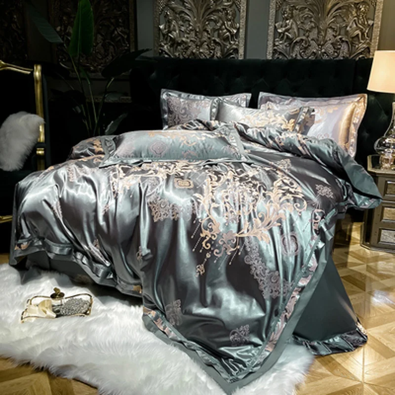 

Sliver Gold Luxury Silk Satin Jacquard duvet cover bedding set queen king size Embroidery bed set bed sheet/Fitted sheet set