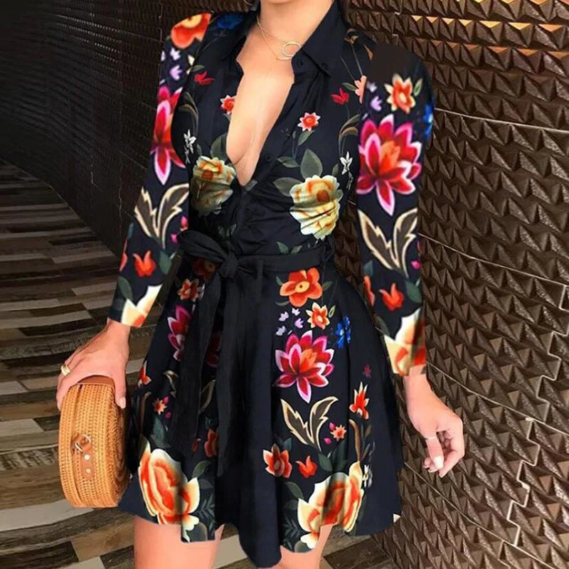 

Sexy Women Deep V-neck Mini Dress Spring Autumn Long Sleeve Floral Print Dresses Laides High Waist Party Dresses Clubwear